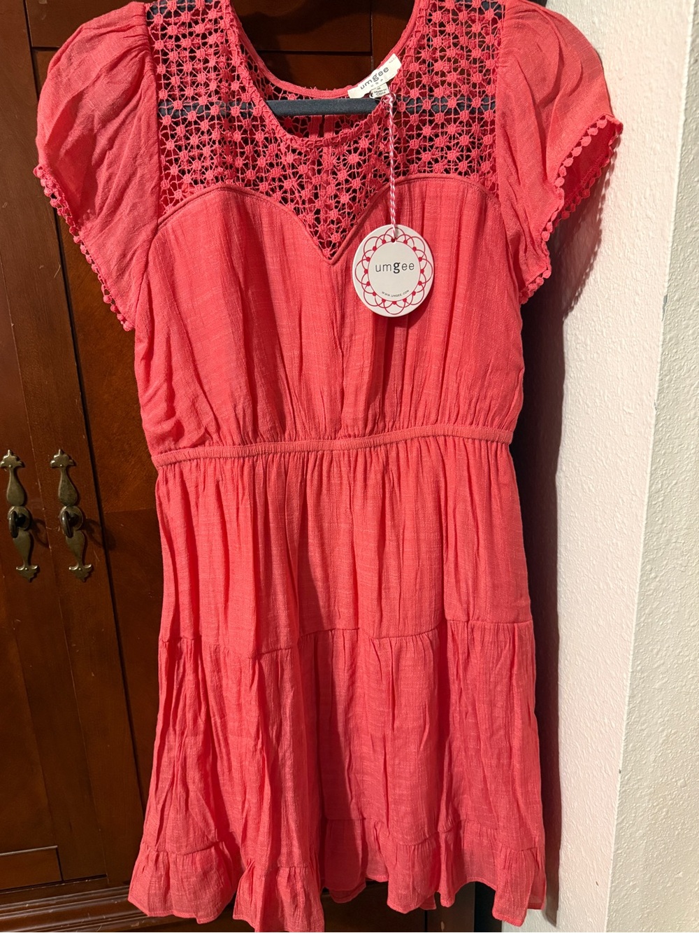 Umgee Coral Pink Crochet Yoke Tiered Mini Dress